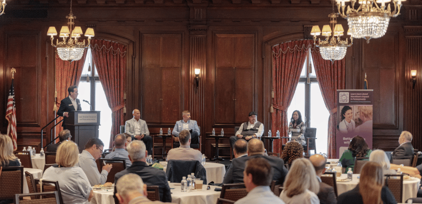 Sandy Smith (moderator), James Startare, George Fiore, Robert S. Bair, and Sunny Cutler gathered for a panel discussion in Philadelphia, offering strategic insights from their fields of publishing, benefits, education, trades, and finance.