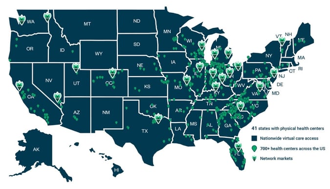 Map of Marathon Health locations after merger with Everside Health.