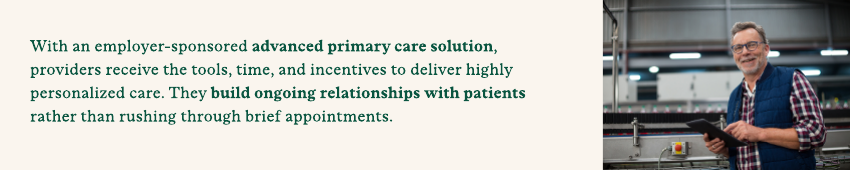 Graphic highlighting employer-sponsored advanced primary care solutions as a way to delivery highly personalized care.
