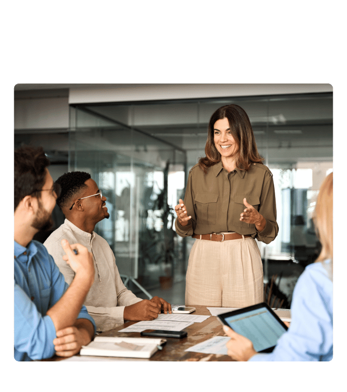 Employer discussing self-funded insurance with a small group of employees.