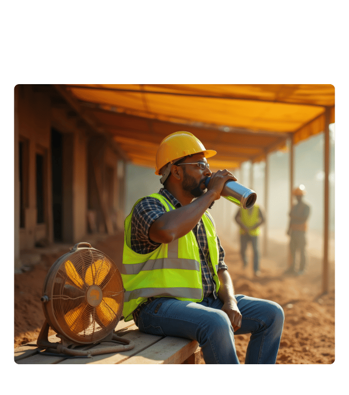 Construction worker in a yellow hard hat and safety vest drinking water beside a fan at an outdoor job site in summer heat