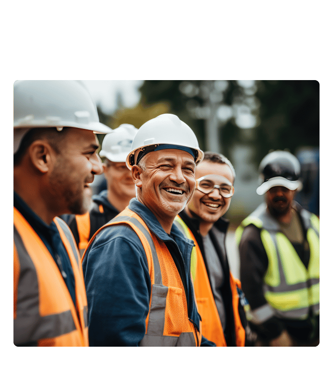 Group of union construction workers in hard hats and high-visibility vests smiling together outdoors at a worksite.