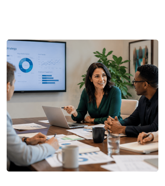 Three professionals at a conference table reviewing an HR benefits strategy presentation with charts on a screen.