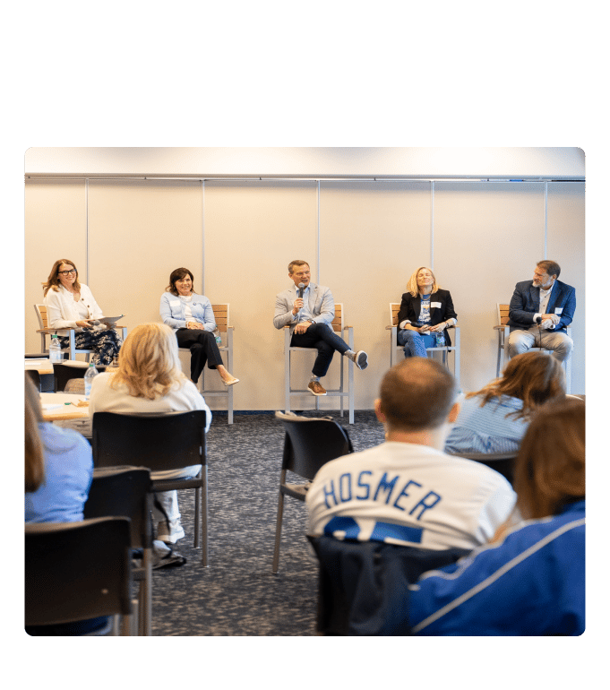 Stacie Prosser, Shelly Summar, Doug Sumner, Stephanie Price, and Dennis Kadel take part in a panel discussion at the Kansas City healthcare barriers roundtable.
