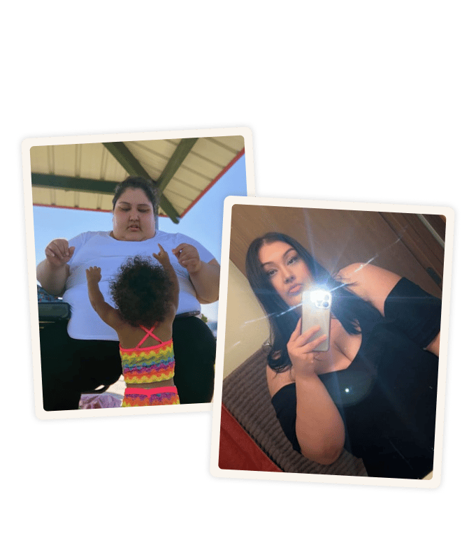 Kayla in two photos: outdoors with a young child, and taking a mirror selfie in a black outfit