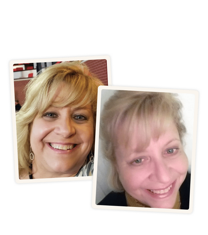 Linda Heebner smiling in two separate close-up portrait photos, both showing her with blonde hair and a warm expression