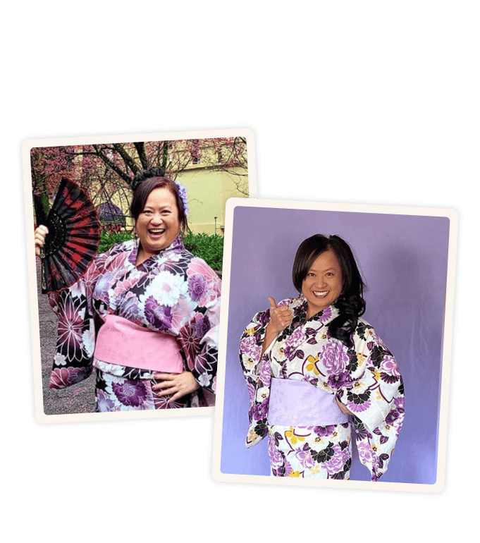 Rose Rolfe smiling in floral kimono attire in two before and after photos, holding a fan outdoors and giving a thumbs-up indoors