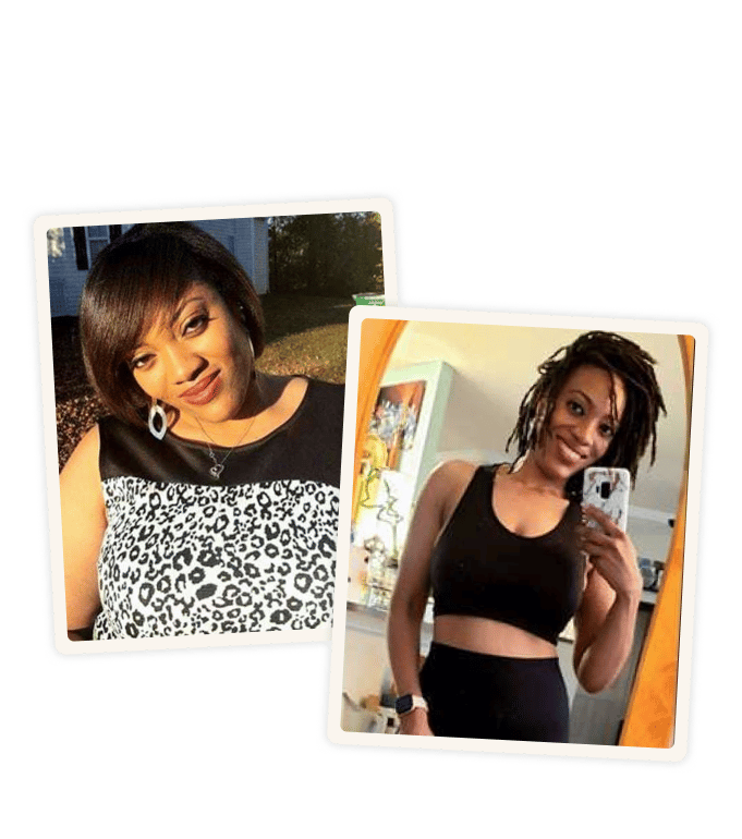 India Simpson in two photos: smiling outdoors in a patterned top, and taking a mirror selfie in athletic wear