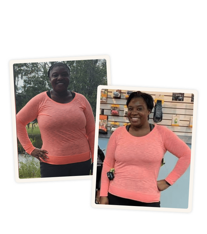 Michelle smiling in a coral long-sleeve top, shown in two photos — outdoors near greenery and inside a fitness facility