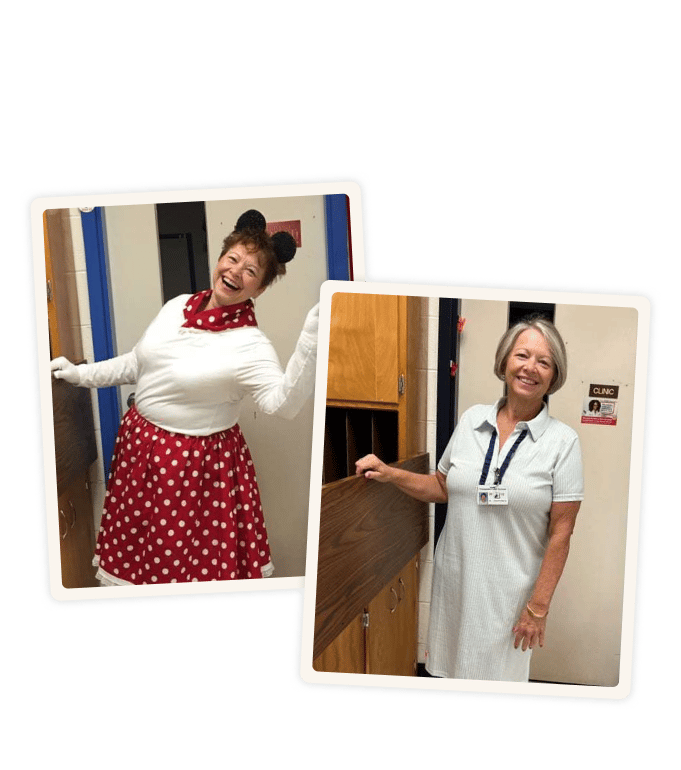 Angela in two photos: laughing in a Minnie Mouse costume, and smiling indoors in a light blue dress with a badge