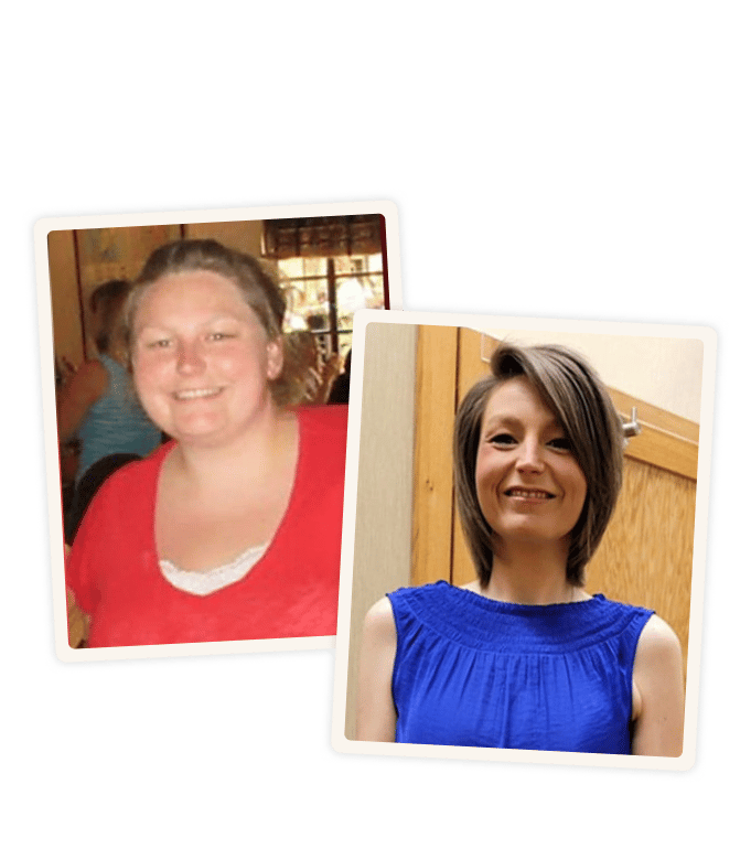 Julia Stafford smiling in two before and after photos, wearing a red top in one and a blue sleeveless top in the other