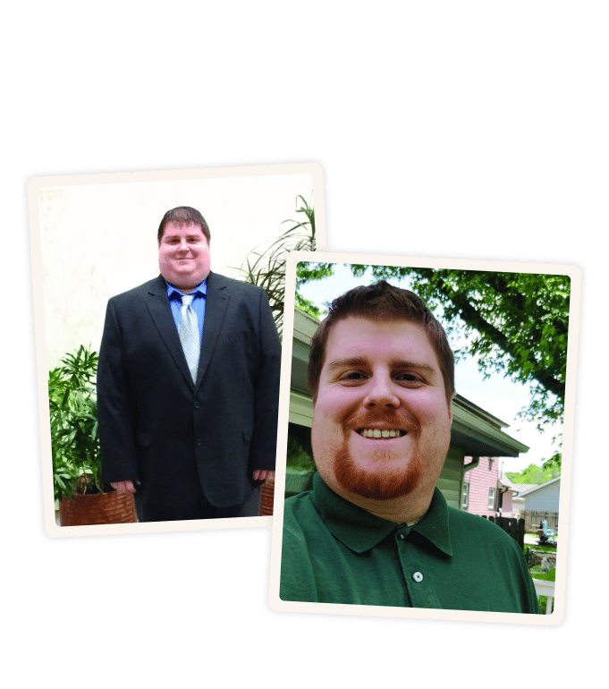 Codey Burton in two before and after photos: wearing a dark suit outdoors, then smiling in a green polo shirt near trees