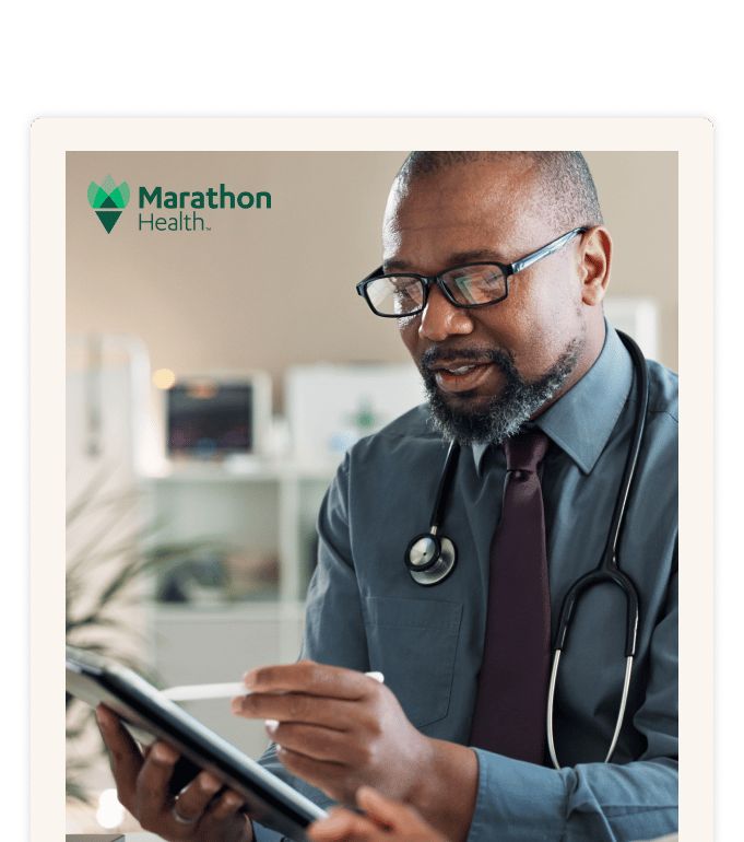 Report cover with the Marathon Health logo: a provider with a stethoscope reviewing a tablet with a person