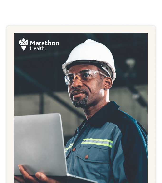 Report cover with the Marathon Health logo: a worker in a white hard hat and safety glasses holding a laptop