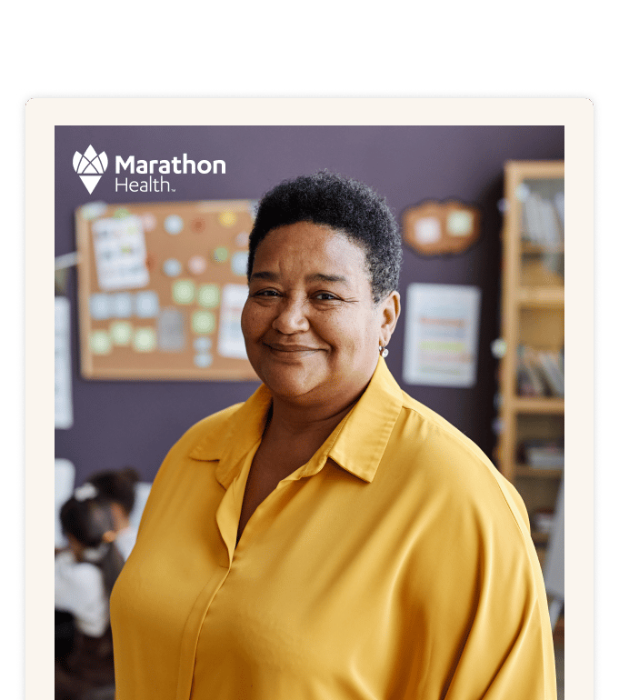 Report cover with the Marathon Health logo: an adult in a yellow blouse standing in a classroom