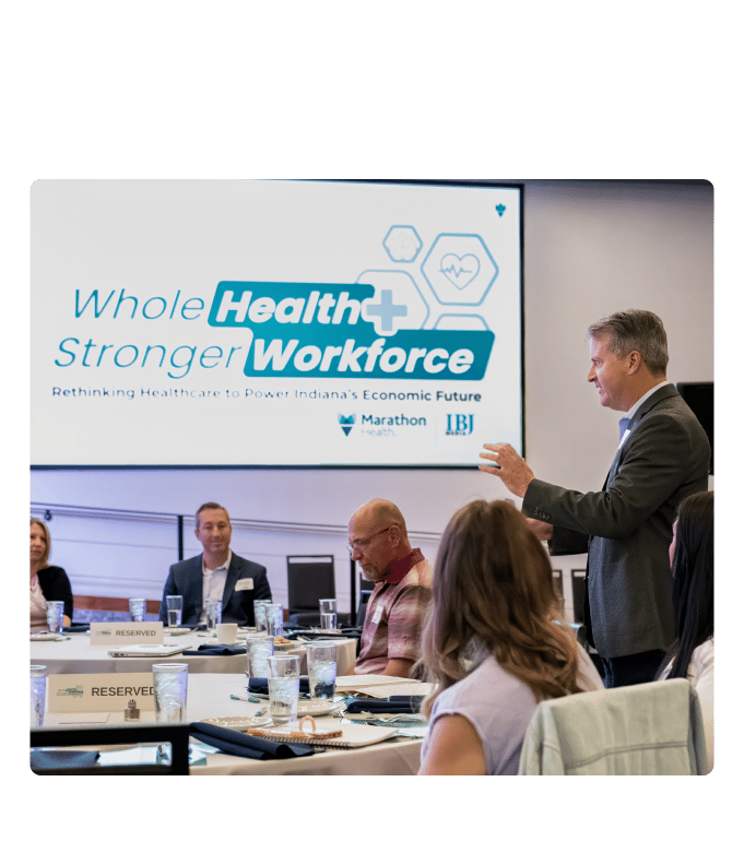 Chris Pricco addresses attendees during the Whole Health, Stronger Workforce Indiana Roundtable.