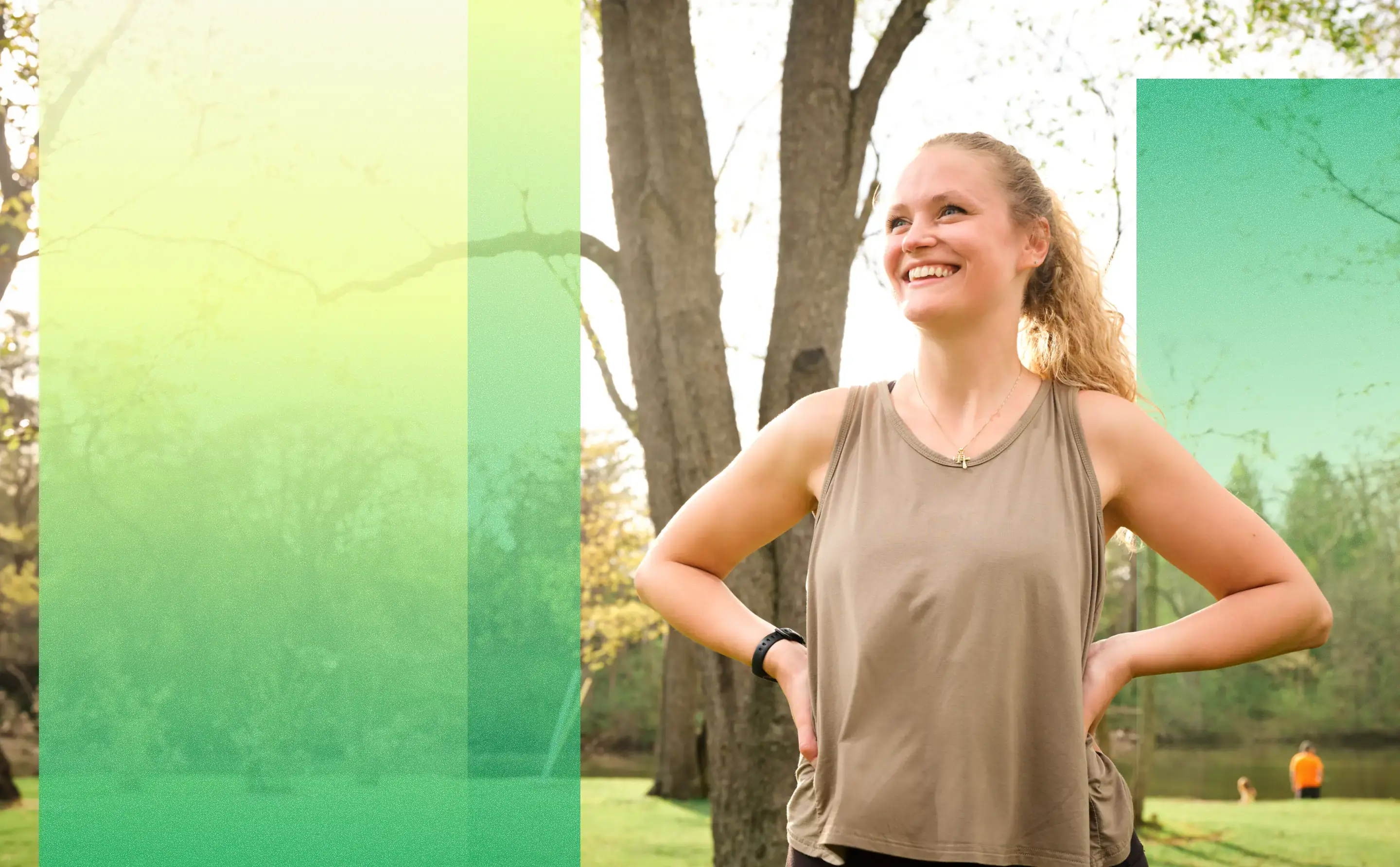 Woman smiling outdoors, representing employee health and well-being through Marathon Health's advanced primary care.