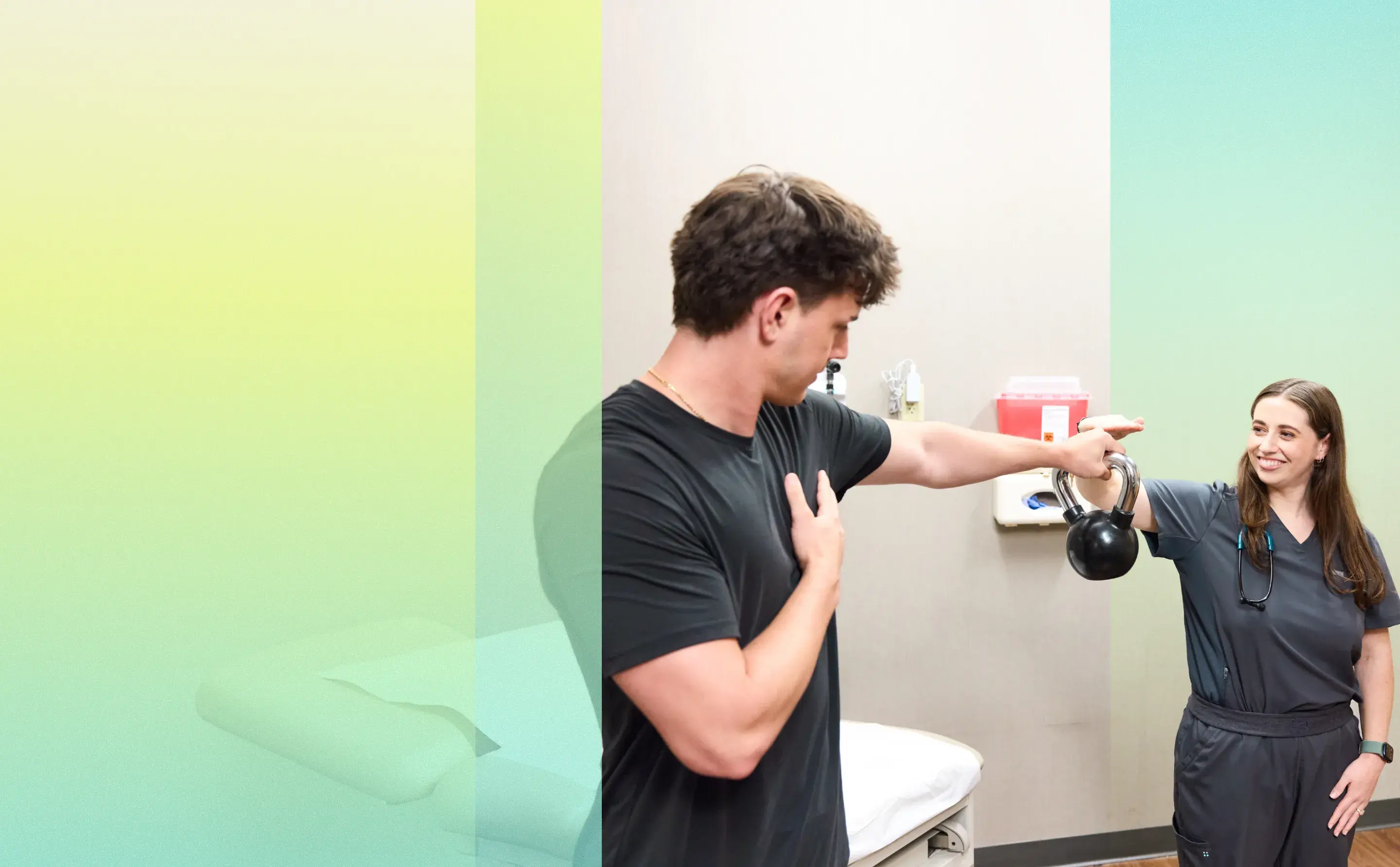 Practitioner assisting a patient with a musculoskeletal issue in a clinical setting.