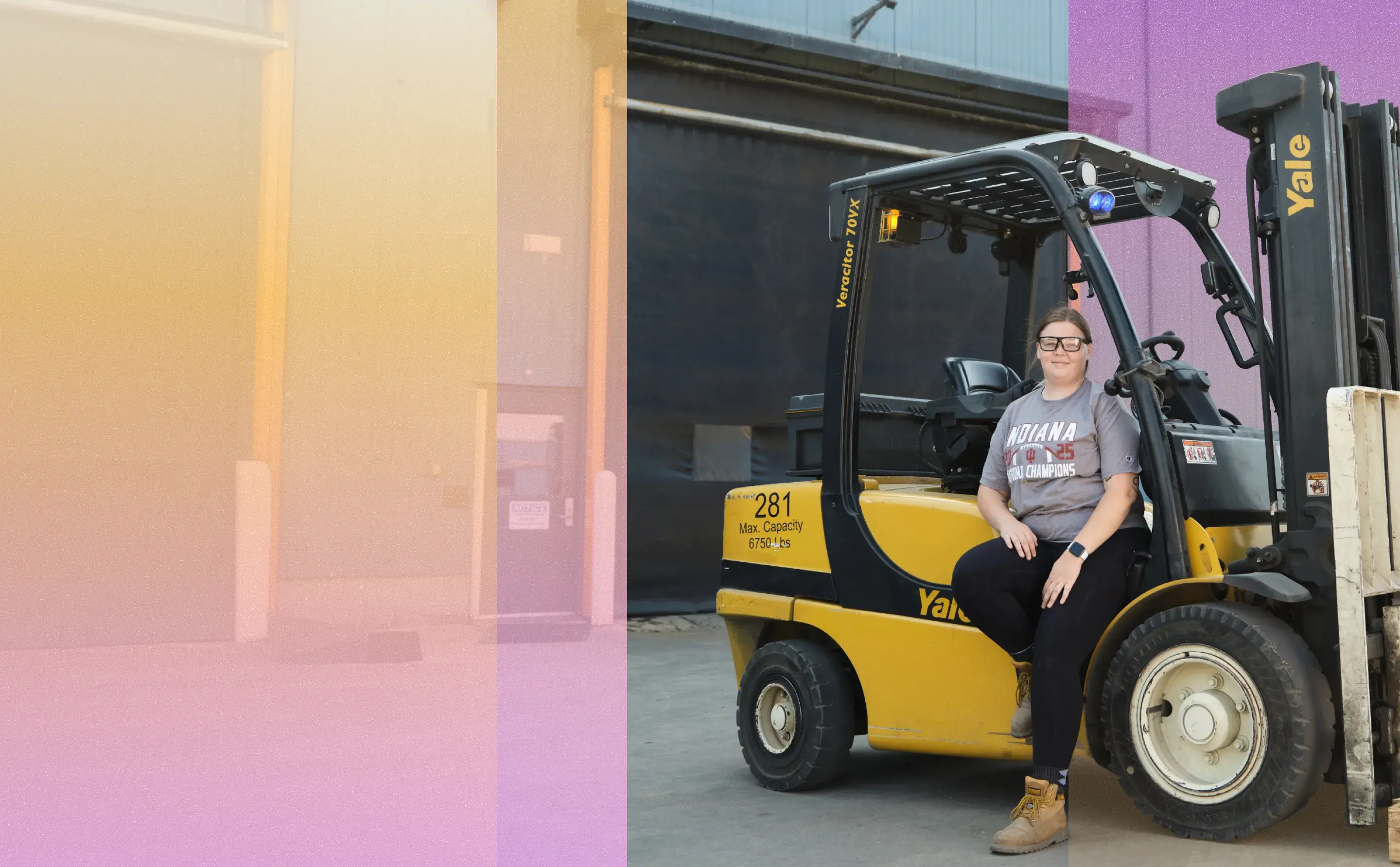 Warehouse worker leaning against a forklift.