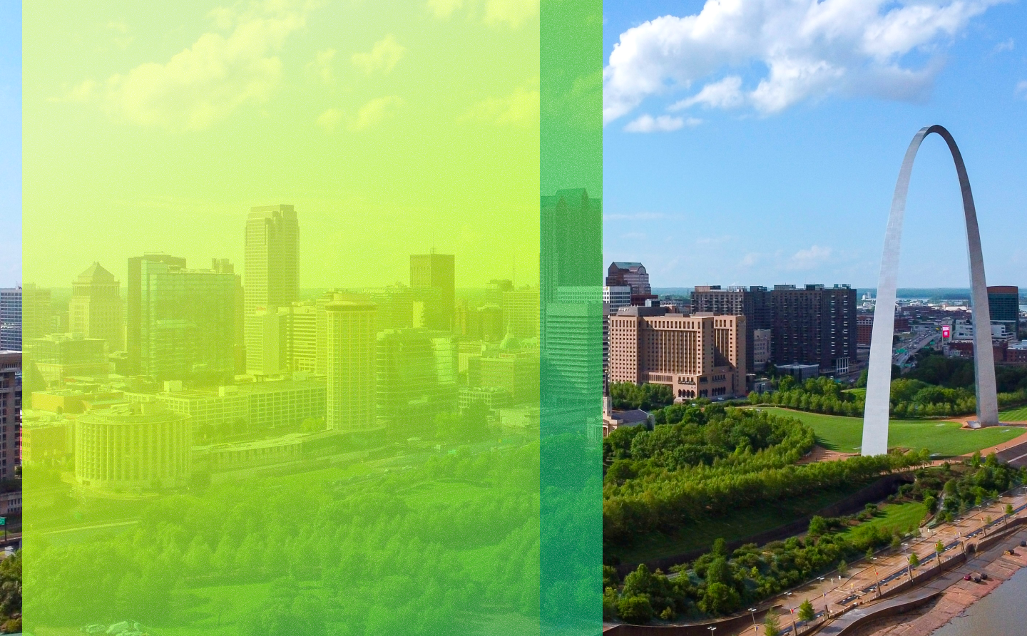 St. Louis, Missouri skyline during the day with a partly cloudy blue sky.