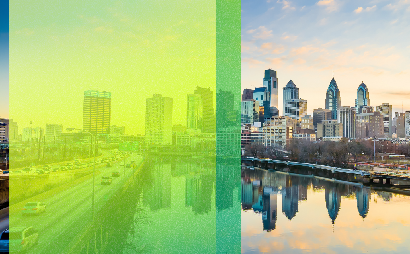 Skyline of Philadelphia, Pennsylvania at sunset.