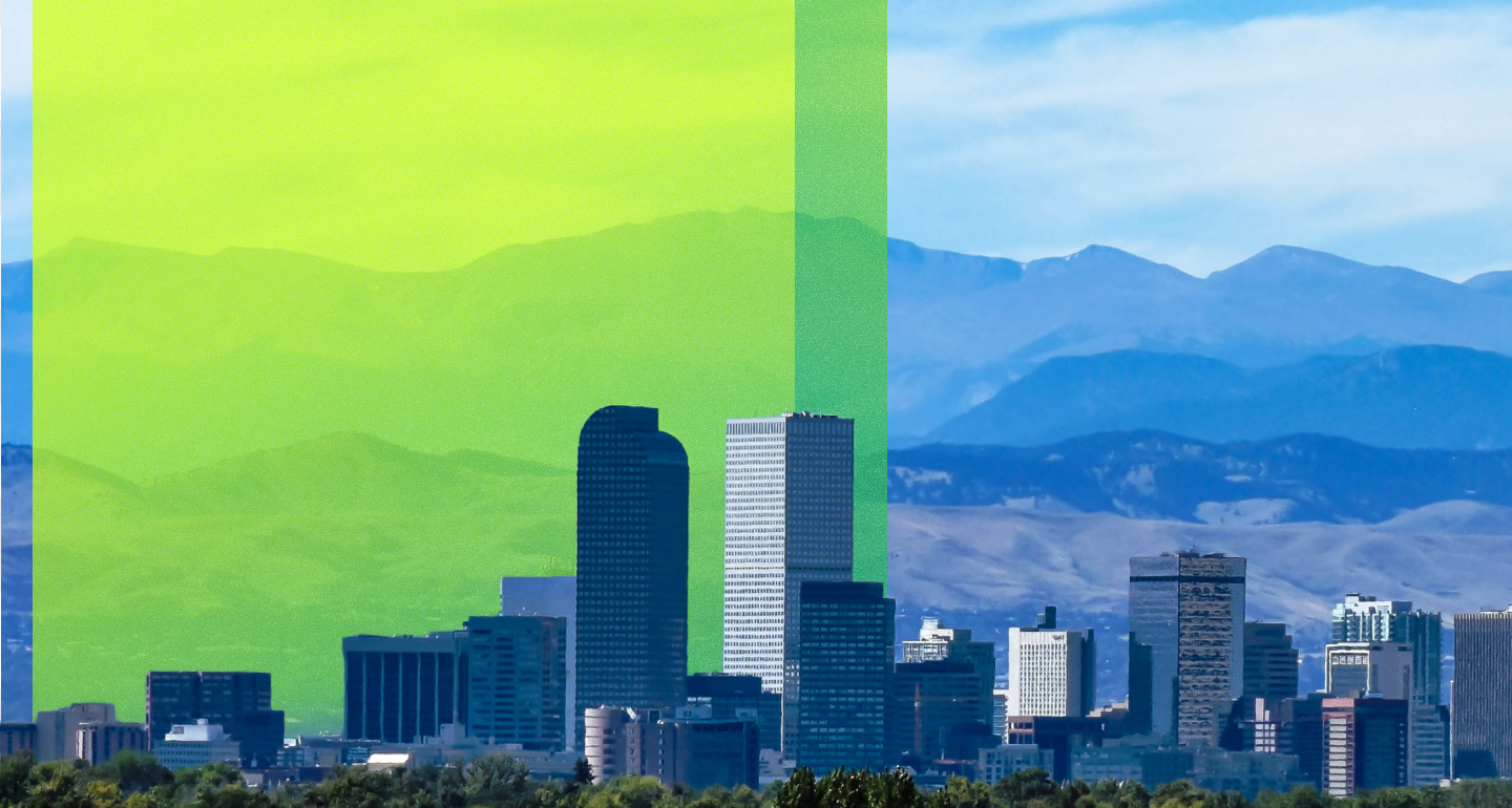 Denver, Colorado skyline with tall buildings, mountain range backdrop, and a bright green-to-blue color overlay across the scene