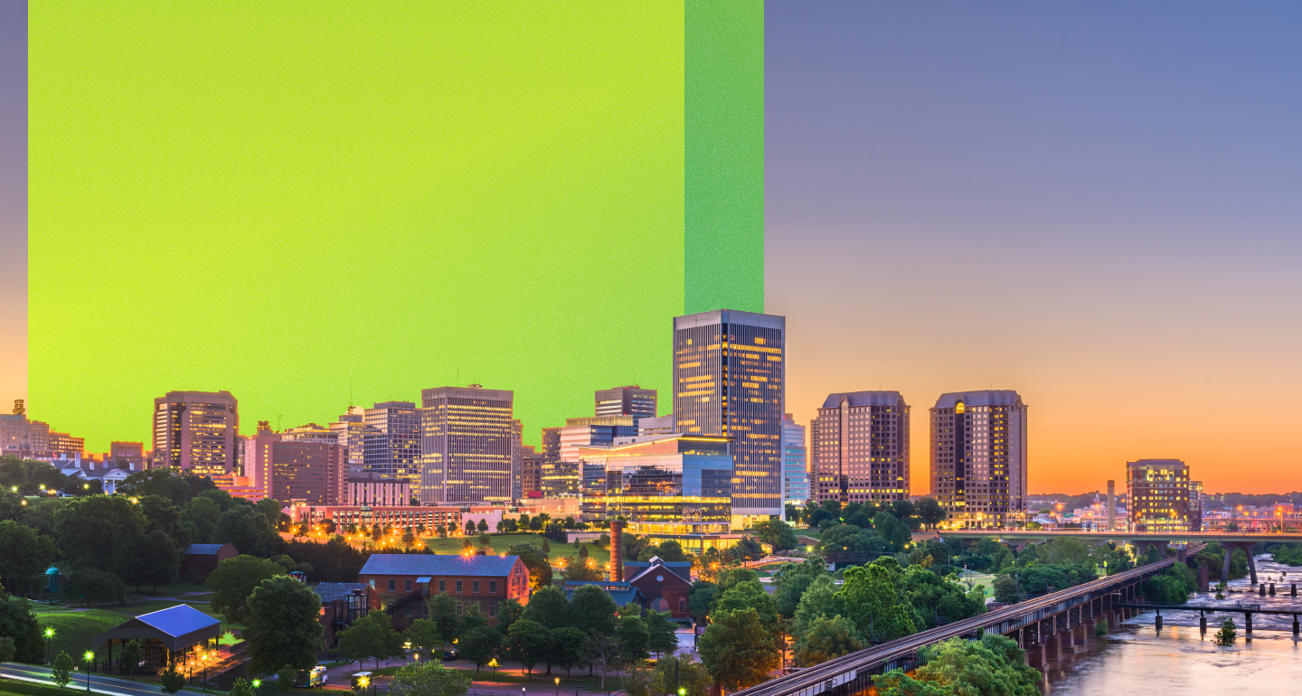 Richmond skyline at dusk with a river bridge in the foreground and a bright green brand panel
