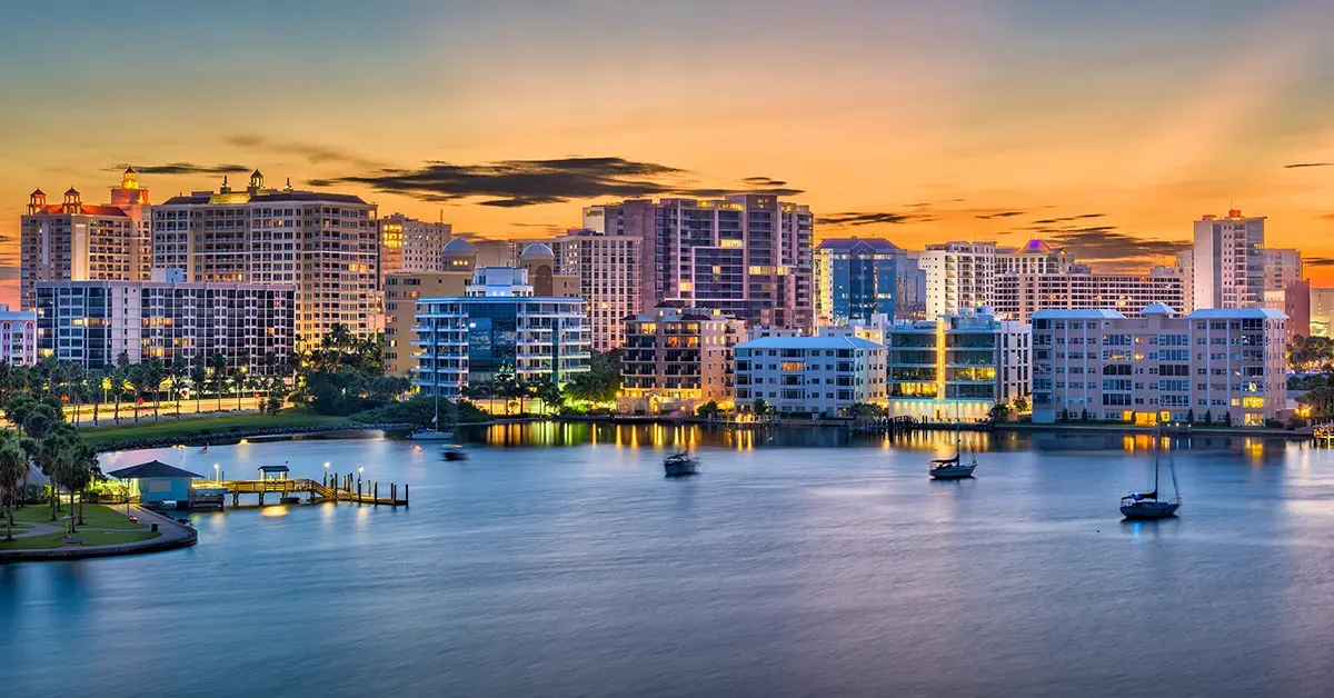 City of Sarasota skyline at sunset.