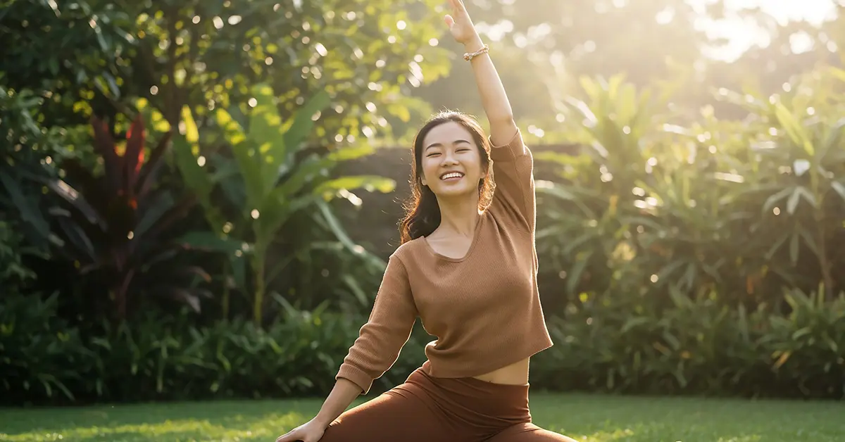 Female instructor teaching a yoga class outdoors during summer.