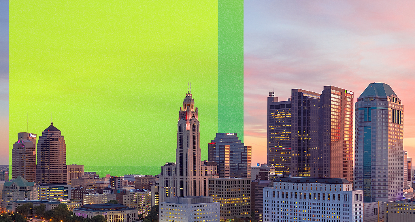 Columbus, Ohio skyline at dusk, home of the Marathon Health Ohio network.