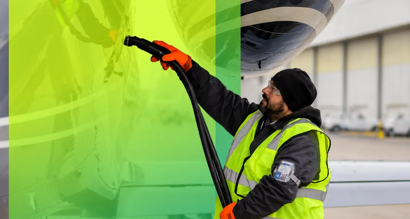 A person in a hi-vis vest, safety glasses, and orange gloves directs a hose toward the underside of an aircraft on a tarmac